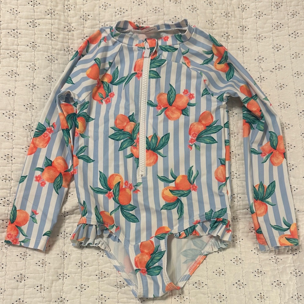 Old Navy Blue & White Stripe Rash Guard One-Piece with Orange Fruit Print